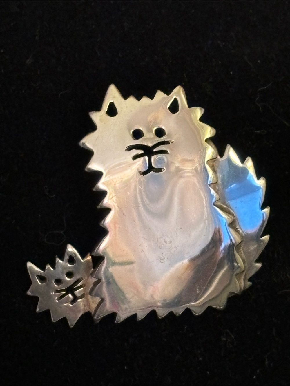 Vintage 925 Sterling Silver Mexico 1.2" Kitty Cat & Kitten Brooch Pin Signed SU - Picture 4 of 6